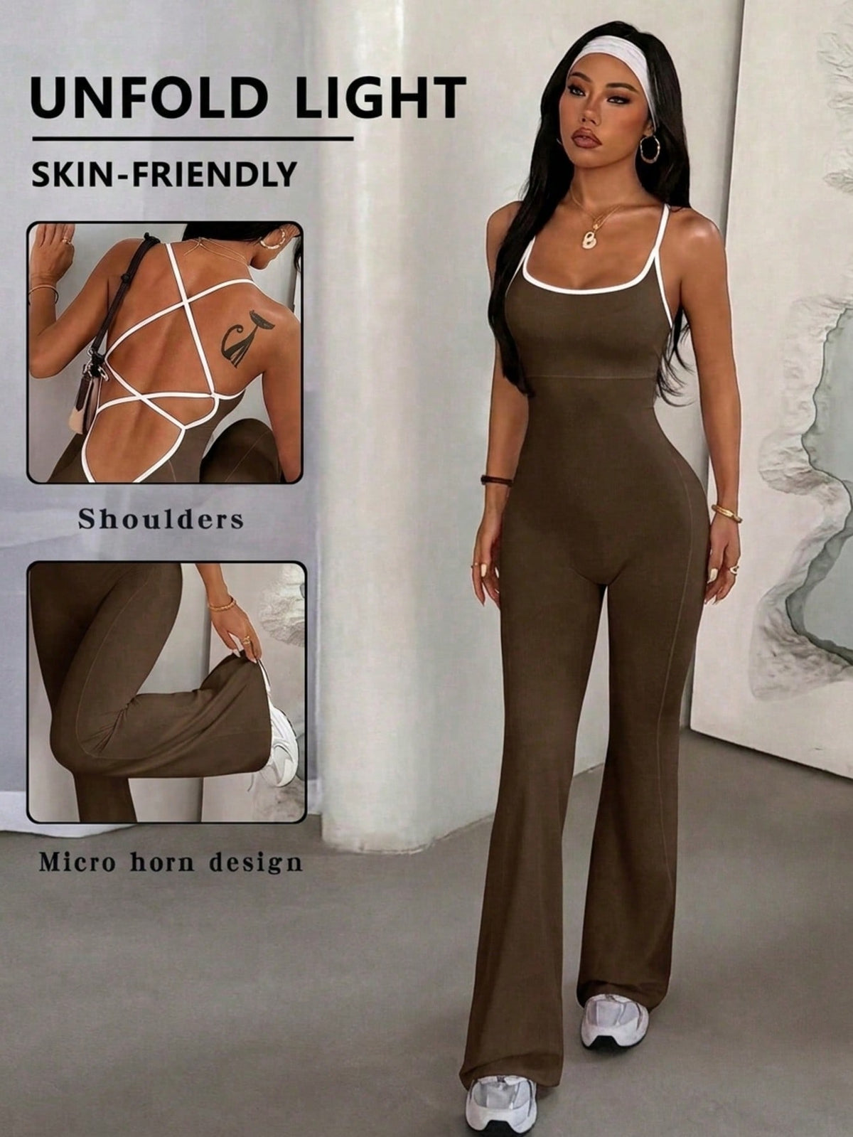 Backless Crisscross Flare Jumpsuit with Contrast Trim