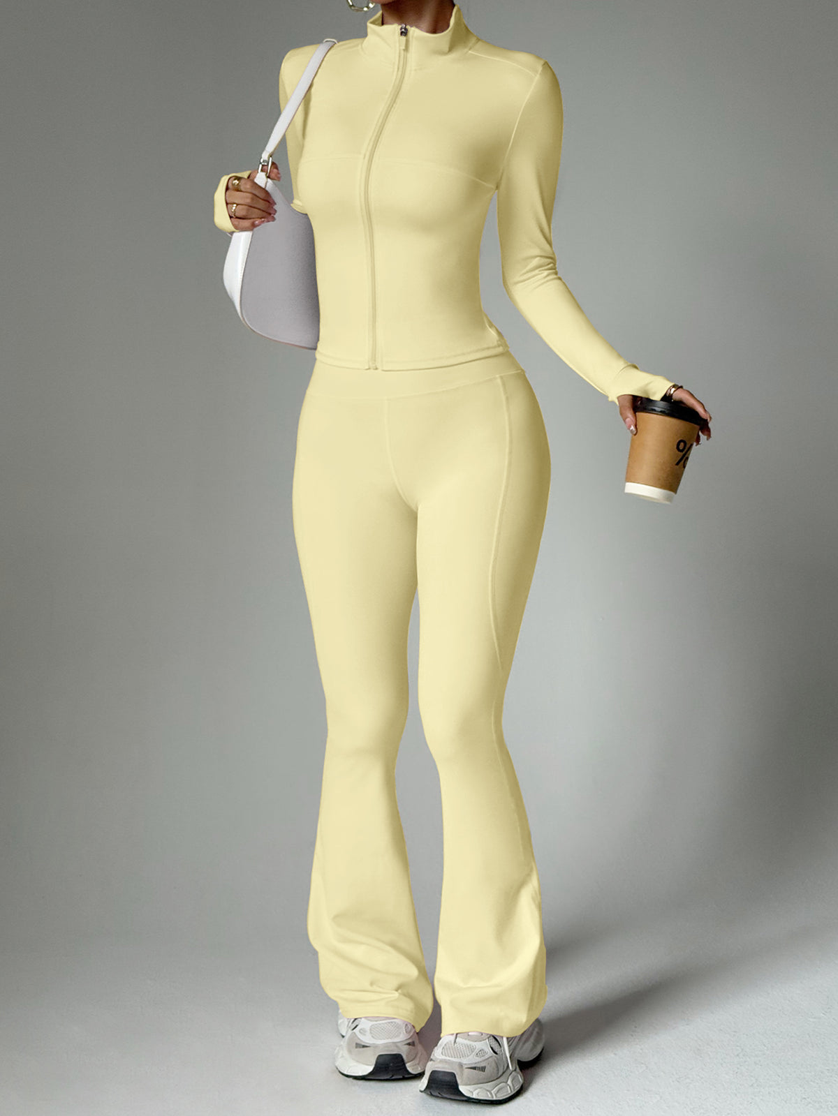 Seamless Stand Collar Flare Pants 2-Piece Set with Thumbholes