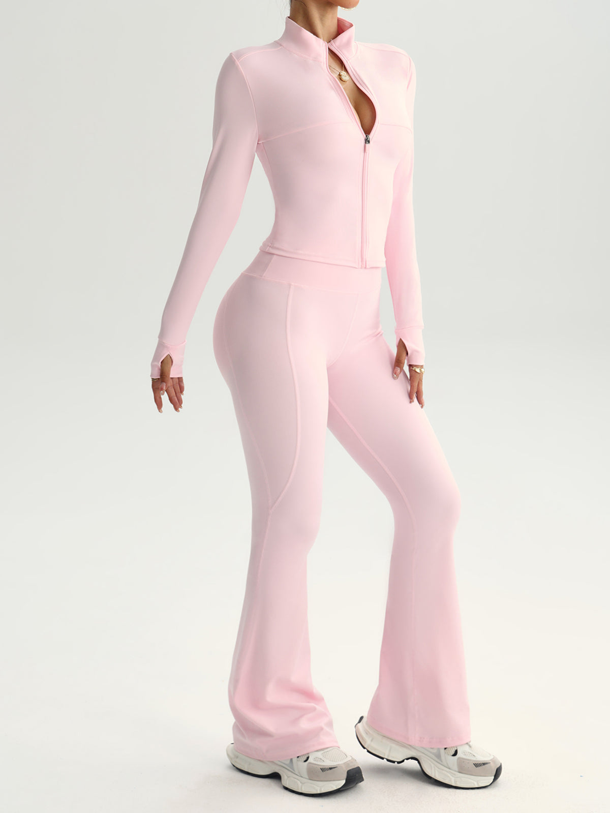 Seamless Stand Collar Flare Pants 2-Piece Set with Thumbholes in Pink