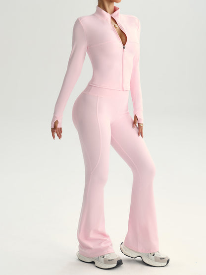 Seamless Stand Collar Flare Pants 2-Piece Set with Thumbholes in Pink