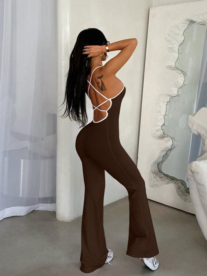Backless Crisscross Flare Jumpsuit with Contrast Trim