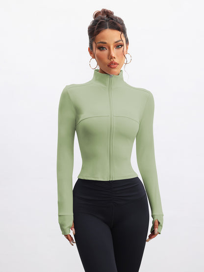Slim Fit Stand Collar Zip-Up Athletic Jacket with Thumbholes
