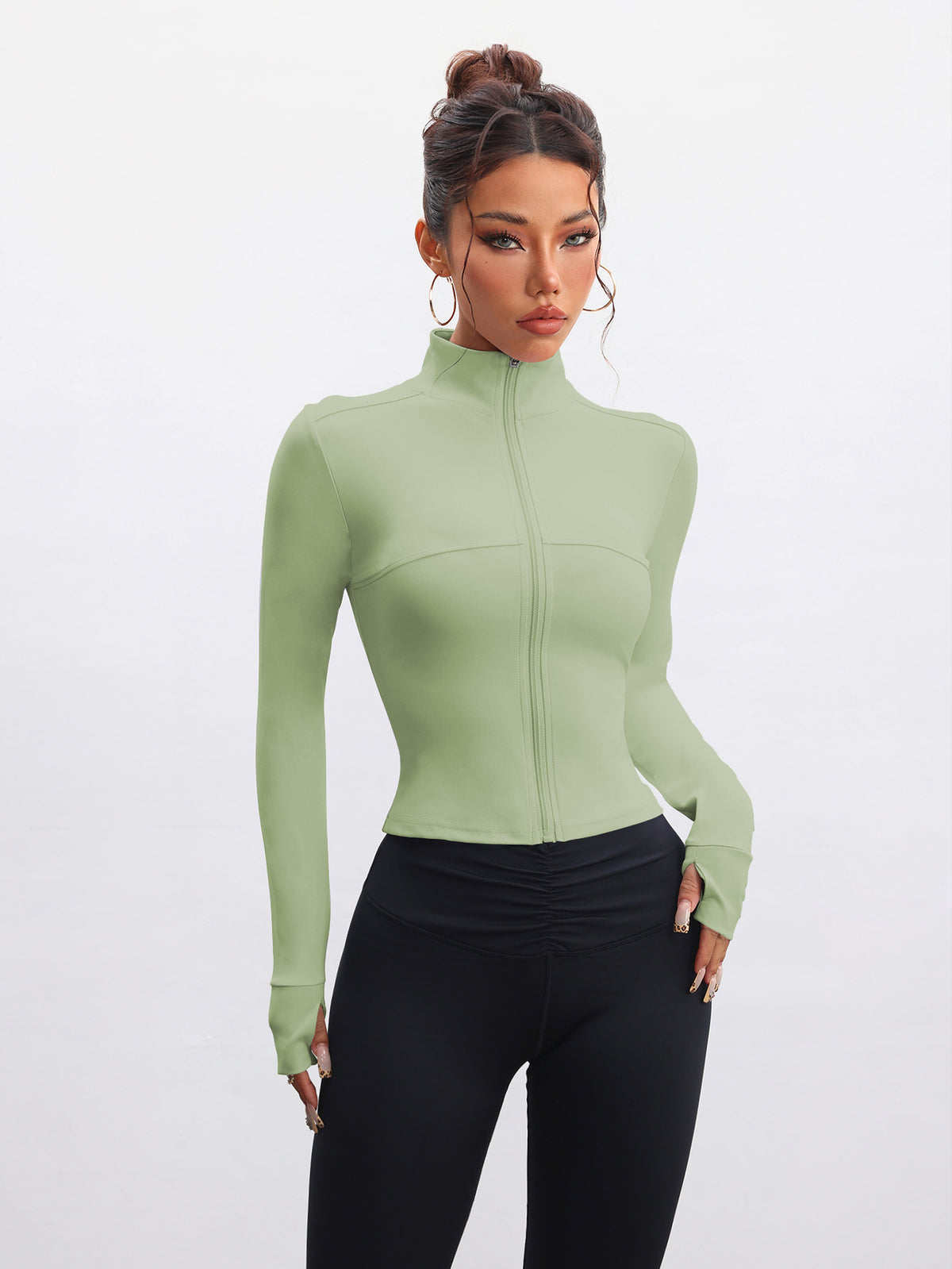 Slim Fit Stand Collar Zip-Up Athletic Jacket with Thumbholes