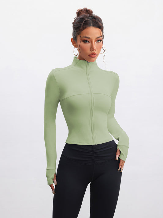 Slim Fit Stand Collar Zip-Up Athletic Jacket with Thumbholes