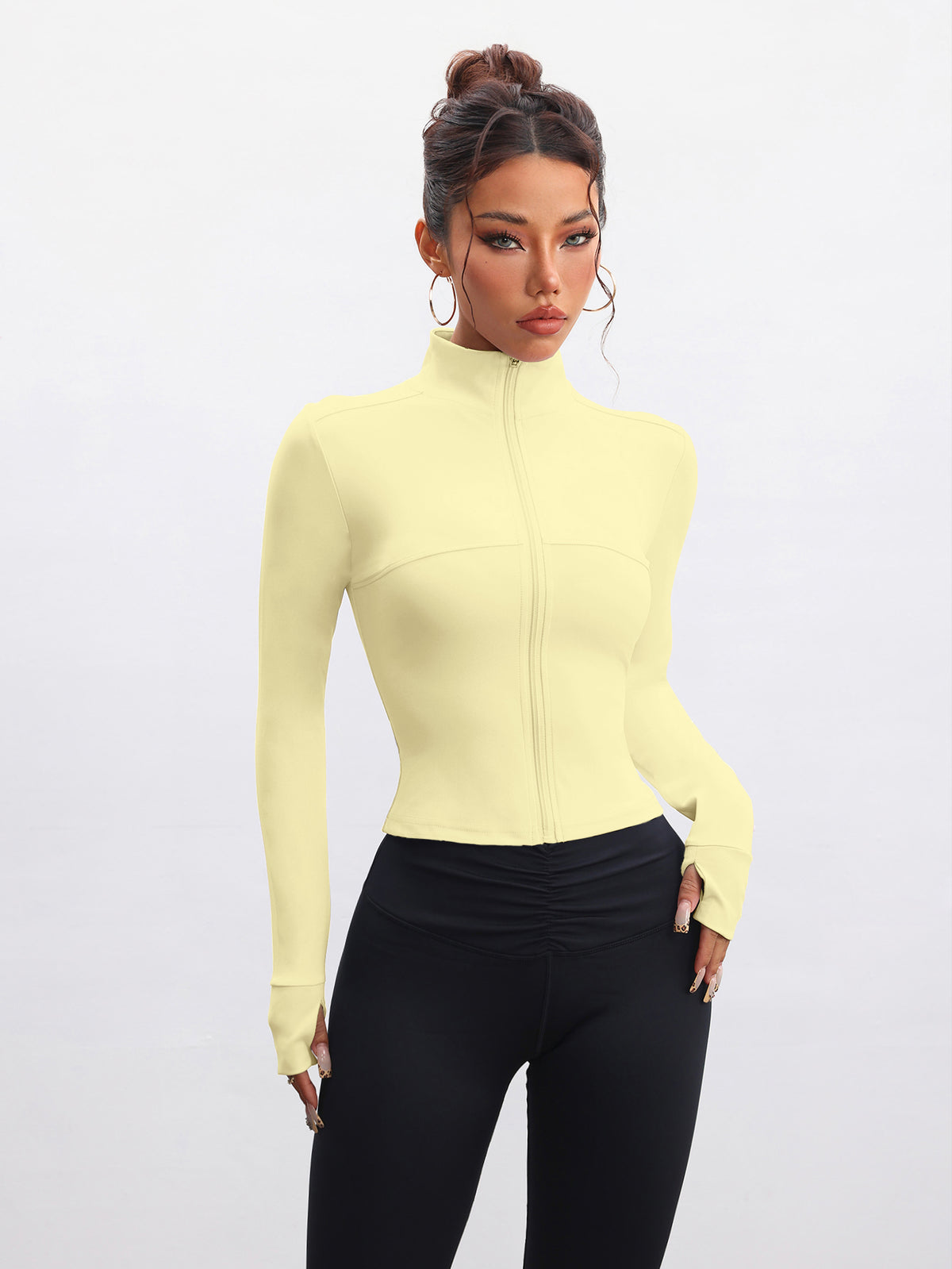 Slim Fit Stand Collar Zip-Up Athletic Jacket with Thumbholes