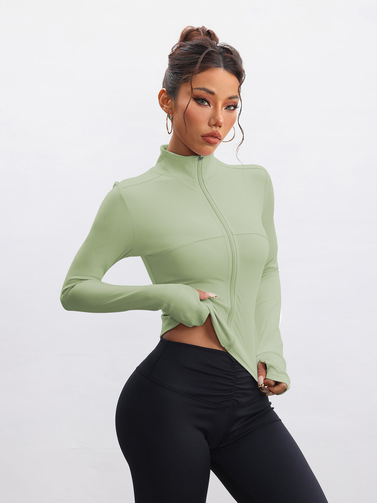 Slim Fit Stand Collar Zip-Up Athletic Jacket with Thumbholes