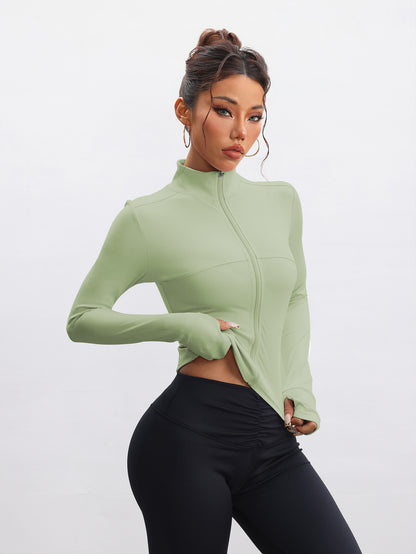 Slim Fit Stand Collar Zip-Up Athletic Jacket with Thumbholes