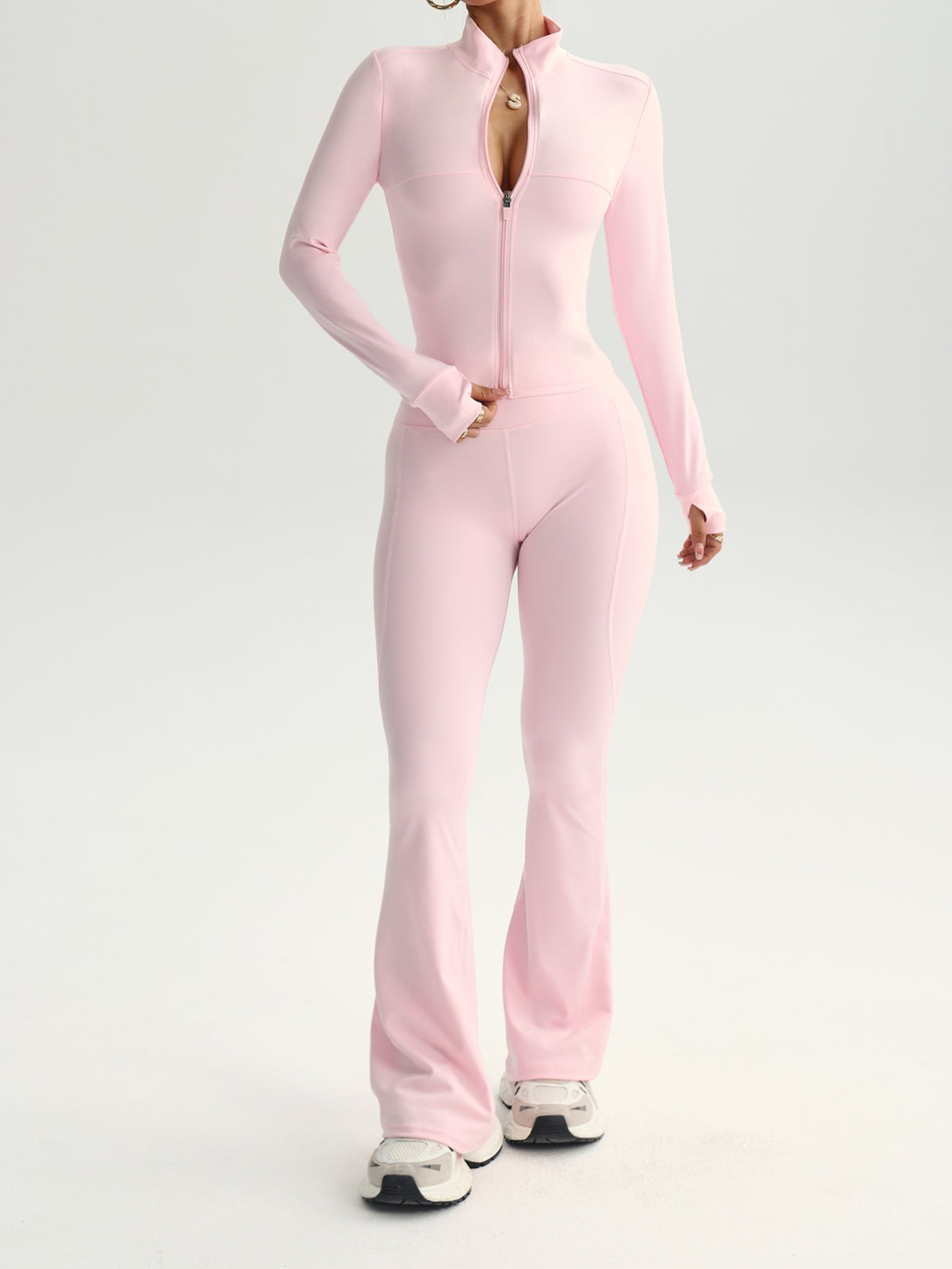 Seamless Stand Collar Flare Pants Set Lifestyle View