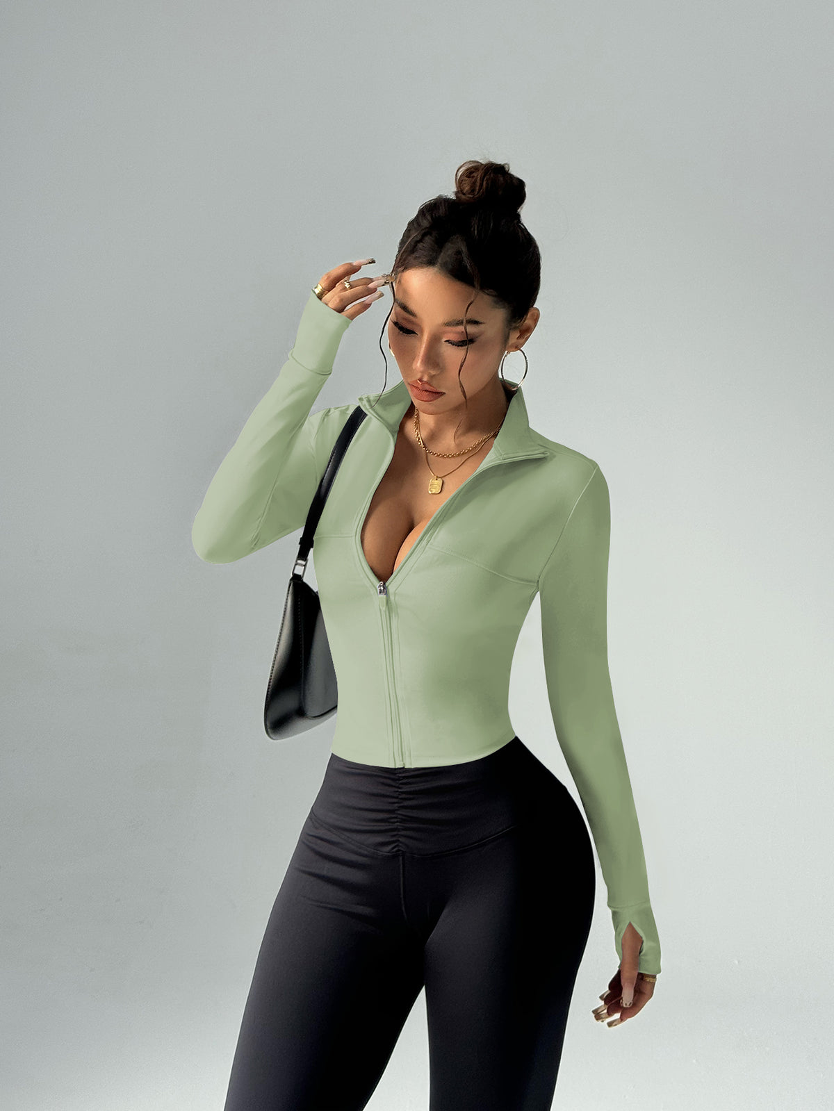 Slim Fit Stand Collar Zip-Up Athletic Jacket with Thumbholes