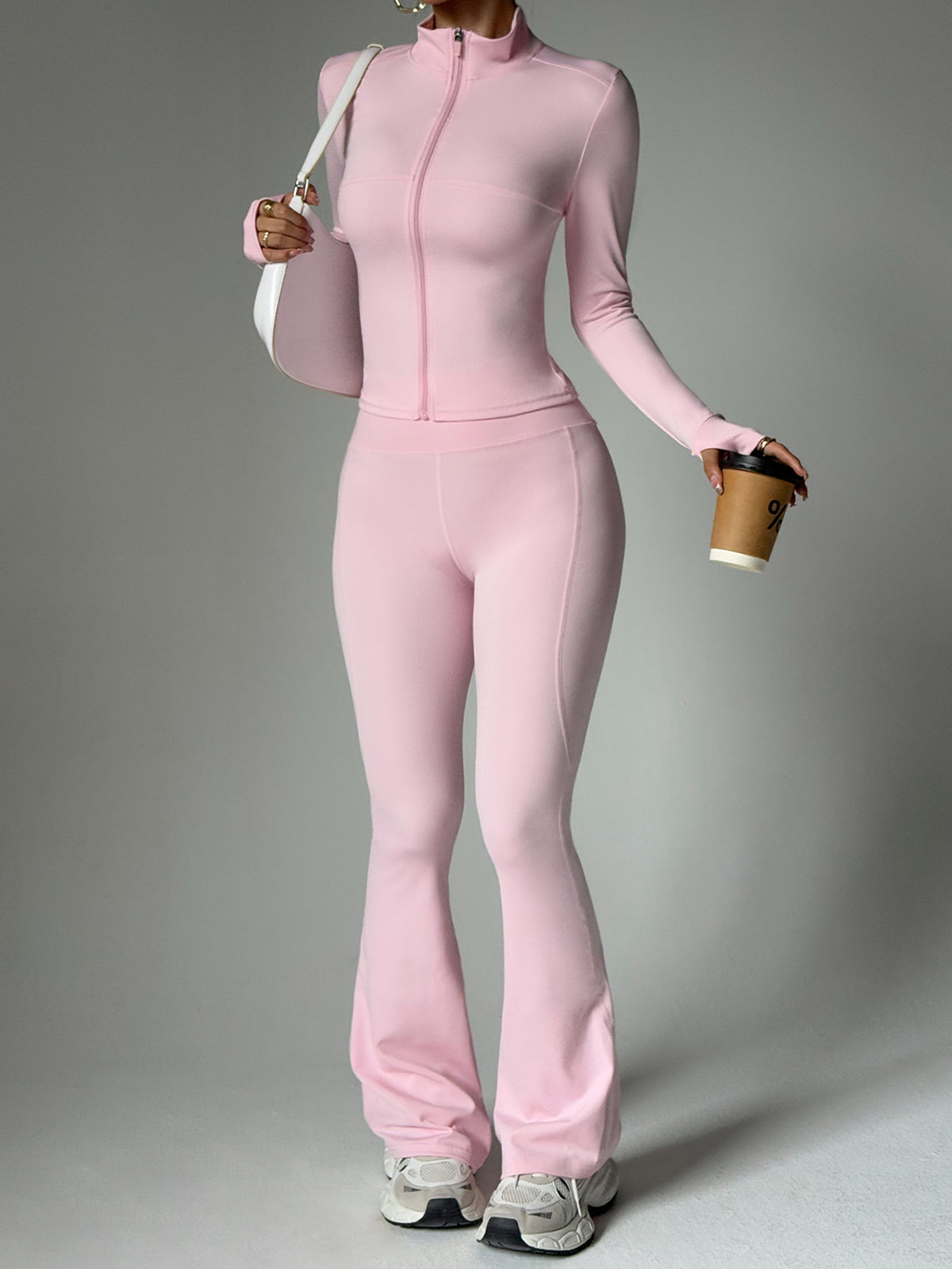 Seamless Stand Collar Zip Top and Flare Pants 2-Piece Set Front View