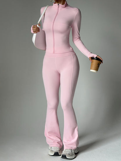 Seamless Stand Collar Zip Top and Flare Pants 2-Piece Set Front View