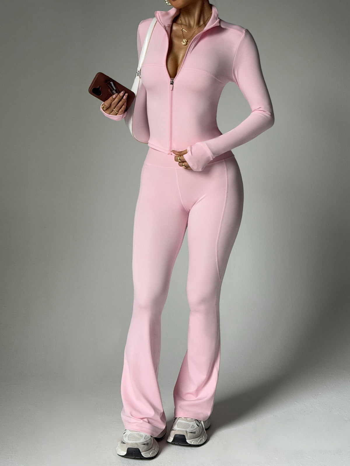 Seamless Stand Collar Flare Pants Set Back View