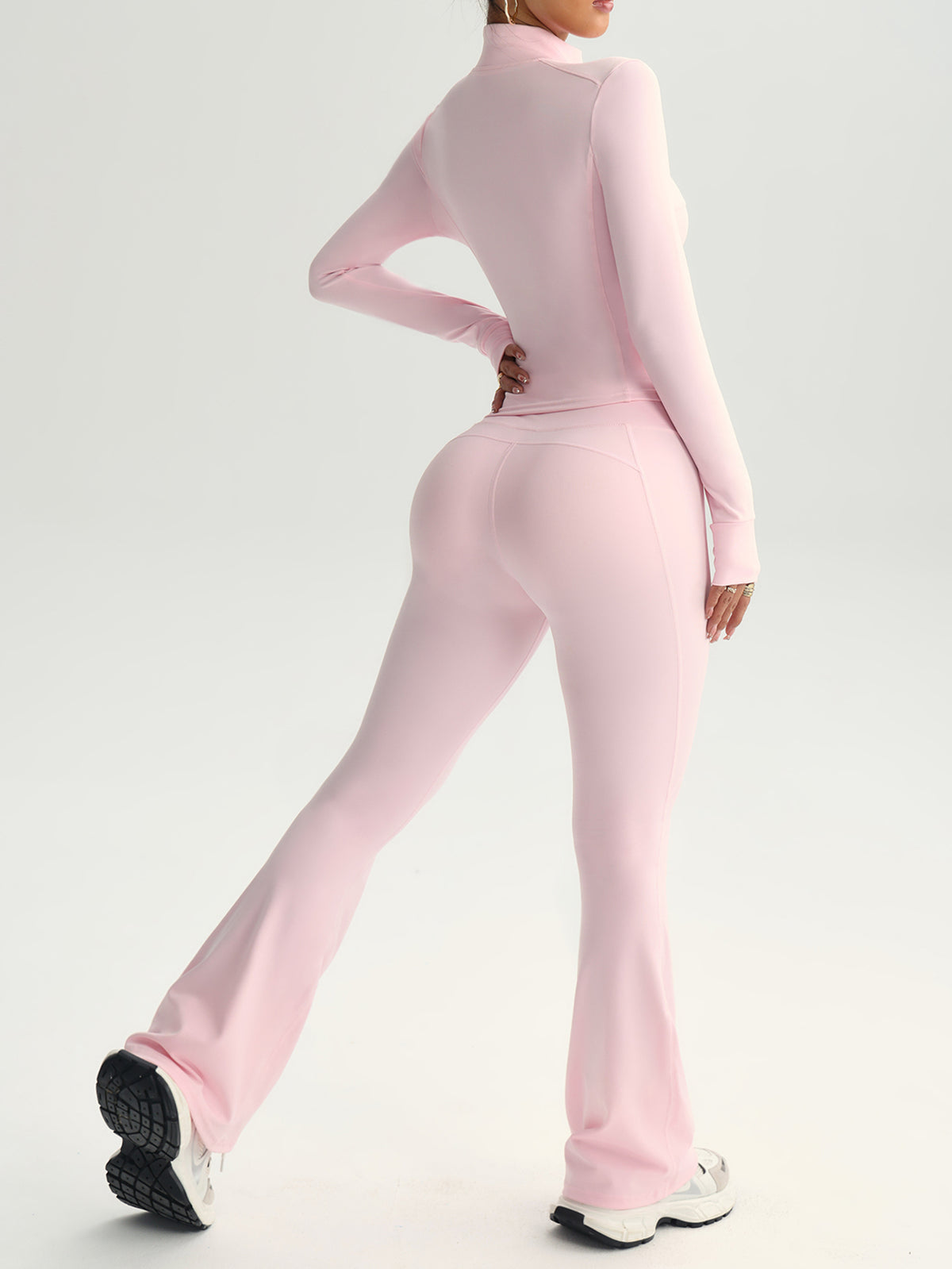 Seamless Stand Collar Flare Pants Set Side View